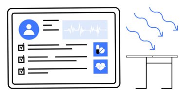 Teletıp, elektronik sağlık kayıtları, hasta denetimi, online danışmalar, sağlık hizmetleri verileri, tıbbi yönetim. Profili, kalp atış hızı grafiği ve hap ikonuna sahip soyut gösterge paneli. Teletıp