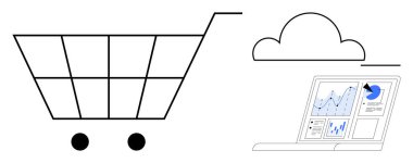 Çevrimiçi alışveriş, veri analizi, bulut depolama, e-ticaret optimizasyonu, dijital pazarlama, iş zekası. Alışveriş arabası, bulut sembolü ve analizli dizüstü bilgisayar. E-ticaret ve veri analizi