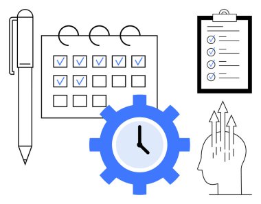 Üretkenlik kavramı. Üretkenlik bir takvim, kontrol listesi, saat ve büyüme zihniyeti sembollerinde gösterilir. Planlama, organizasyon ve verimlilik için verimlilik gereklidir. İdeal