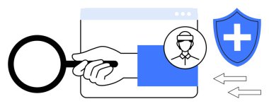 Kimlik koruması, siber güvenlik, tıbbi güvenlik, veri paylaşımı, çevrimiçi kimlik doğrulama, internet güvenliği. Büyüteç, haçlı kullanıcı avatarı mavi kalkanı. Kimlik koruması