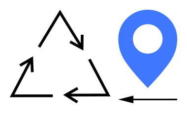Geri dönüşüm sembolü. Mavi bir konum işaretinin yanında geri dönüşüm işlemi. Geri dönüşüm çevre dostu davranışı teşvik eder ve navigasyon araçlarıyla kesişir. Ekolojik farkındalık, lojistik ve atık için