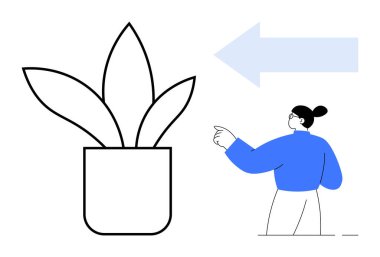 Sürdürülebilirlik, rehberlik, yön, ekolojik bilinç, iletişim, doğa. Yönlü okla saksı bitkisini gösteren bir kişi. Jestlerle sürdürülebilirlik ve rehberlik