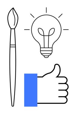 Yaratıcılık konsepti. Fikirleri, yenilikleri ve onaylanmayı vurgulamak için bir boya fırçası, ampul ve başparmak kaldırma ikonu ile tasvir edilen yaratıcılık. Tasarım, yenilik, ilham markalaşmasında yaratıcılık