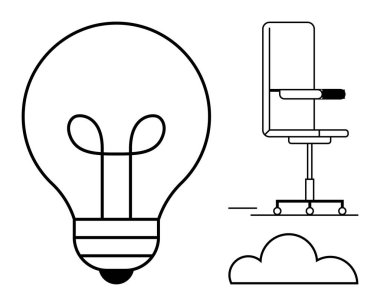 Yaratıcılık, yenilik, çalışma alanları, fikirler, uzaktan çalışma, bulut teknolojisi. Ampulün minimalist tasarımı, ergonomik ofis koltuğu ve bulut. Profesyonel çalışma alanlarında yaratıcılık ve yenilik
