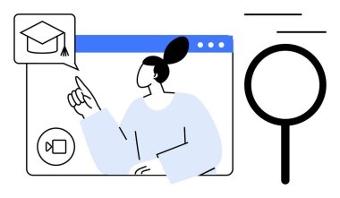 Mezuniyet şapkası ve video sembolü olan dijital bir pencereyle etkileşime giren kişi. Büyüteç araştırma ve keşiflere odaklanıyor. E- öğrenim, eğitim, kariyer ve çevrimiçi araçlar için ideal