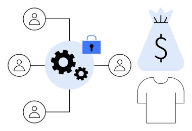 Bağlı kullanıcıları gösteren bir iş akışının görsel temsili, işlemleri sembolize eden vitesler, veri koruması için güvenli bir kilit ve finansal hedefler için bir para çantası. İş için ideal