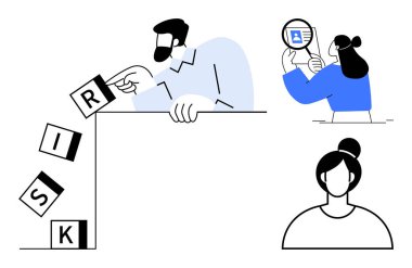 Risk yönetimi. Risk değerlendirmesi, tehditleri analiz eden, sorunları önleyen ve veri korumasını sağlayan profesyoneller yoluyla gösterildi. İş için ideal, siber güvenlik, finans, liderlik, planlama