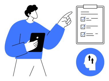 Görev yönetimi. Elinde tabletle görev yönetimi ve verimliliğini gösteren bir adamın tasviri. Planlama, organizasyon, hedef belirleme, iş akışı optimizasyonu, zaman