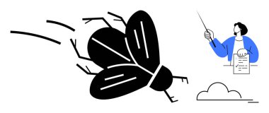 Hareket çizgileri olan büyük uçan böcek, elinde kağıt ve sopa tutan insan, basit bulut. Haşere kontrolü, sorun çözme, hijyen, strateji, eylem sorumluluk temizliği için ideal. Basit düz