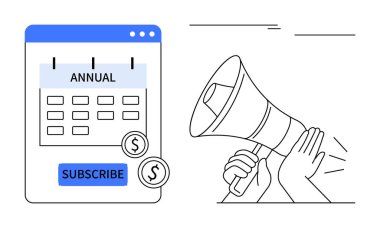 Takvim arayüzü yıllık olarak işaretlenmiş ve dolar simgeleriyle birlikte elinde hoparlör olan bir abonelik düğmesi. Pazarlama, abonelik planları, reklamlar, promosyonlar, satış kampanyaları için ideal