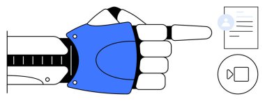 Otomasyon, yapay zeka, dijital iletişim, robotik, teknoloji, gelecekteki yenilikler. Robot el, bir belge ve videonun simgelerini gösteriyor. Otomasyon ve yapay zeka teknolojik gelişmeler