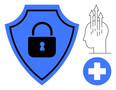 Siber güvenlik kavramı. Siber güvenlik görüntüleri kilidi olan kalkanı, büyümeyi gösteren okları olan beyni ve tıbbi haçı içeriyor. Siber güvenlik veri güvenliğini ve zihinsel refahı etkiler. Teknoloji için