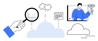 Veri tabloları üzerinde büyüteç, bulmaca sembolü, takvim, bulut ve ödüllü video konferansı. İş dünyası için ideal, takım çalışması, yenilik, strateji başarısı bulut çözümleri