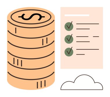 Finans, organizasyon, dijital depolama, görev yönetimi, bulut hizmetleri, kayıt tutma. Yığınla bozuk para, kontrol listesi ve bulut grafiği. Finans ve organizasyon görsel kavramları