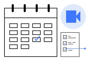 Zaman yönetimi, programlama, verimlilik, görev planlaması, video görüşmeleri, uzaktan çalışma. İşaretli tarihler, kontrol listesi ve video arama simgesi olan bir takvim. Zaman yönetimi ve zamanlama kavramı