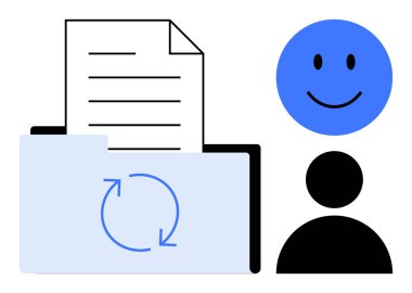 Belge paylaşım konsepti. Bir dizin, gülümseyen kullanıcı ve belgenin simgeleri tarafından oluşturulmuş dijital dosya değişimi. Takım çalışması, dosya yönetimi veya bulut depolama çözümleri için belge paylaşımı. İşbirliği, veri