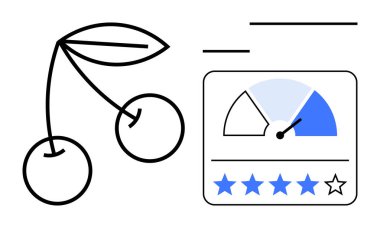 Müşteri geribildirim kavramı. Kalitenin önemini vurgulayan bir derecelendirme ve kiraz sembolü ile müşteri geri bildirimi. Değerlendirmeler, anketler, markalaşma, memnuniyet, pazarlama için kullanılan müşteri geribildirimi