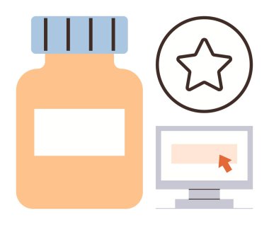 Eczane hizmetleri, ürün değerlendirmeleri, dijital sağlık, çevrimiçi değerlendirmeler, tele-sağlık, e-ticaret. İlaç şişesi, imleci yıldız dairesi monitörü. Eczane hizmetleri ve ürün derecelendirme konsepti