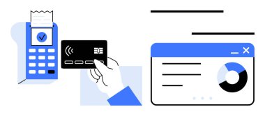 Bağlantı kurulamayan ödemeler, finansal veri analizleri ve ekrana yansıyan grafikler için terminalde el tıklama kartı. Fintech, perakende, e-ticaret, bankacılık, veri eğilimleri, nakitsiz ekonomi, sade düz