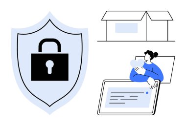 Siber güvenlik kavramı. Dijital verilerin korunmasını vurgulayan kilit sembollü kalkan. Siber güvenlik güvenli bulut depolama, kişisel cihaz kullanımı ve güvenli iletişim sağlar. Teknoloji ve güvenlik için.