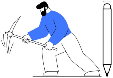 El işçiliği. Fiziksel iş için kazma kullanan bir işçi, geleneksel işçiliğin altını çiziyor. El işi aletleri çabayı ön plana çıkarır. Endüstri, çaba, süreç kavramları, eğitim görselleri, işyeri