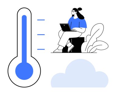 Uzaktan çalışma konsepti. Termometre sıcaklığı, hava durumu için bulut ve dizüstü bilgisayar kullanan bir insan. Uzaktan çalışma teknoloji, üretkenlik, esnek işler ve dijital eğilimlere bağlıdır. Kullanışlı