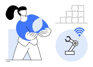 Sürdürülebilir teknoloji. Yeşil yapraklı yenilenebilir enerji taşıyan bir kadın. Otomasyon ve bağlantı robotik kol ve kablosuz sinyalle sağlandı. Yenilik için mükemmel, yenilenebilir enerji, modern endüstriler