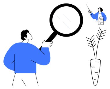 Büyüteçle büyüyen bir havucun yanında duran bir belgeyi inceleyen kişi. Analiz, soruşturma, araştırma, büyüme, sürdürülebilirlik, tarım ve detaylara dikkat için ideal