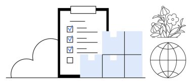 Lojistik, sürdürülebilirlik, küresel ticaret, envanter yönetimi, çevre dostu uygulamalar, tedarik zinciri. Kontrol listesi panosu, istiflenmiş kutular küre ve bitki. Lojistik ve sürdürülebilirlik odaklanması
