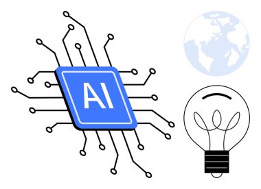 Yapay zeka, küresel teknoloji, yenilik, enerji verimliliği, dijital çözümler ve yaratıcı fikirler. Devreli yapay zeka çipi, küre ve ampul. Yapay zeka ve küresel