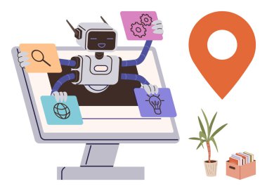 Otomasyon, teknoloji, çoklu görev, veri yönetimi, yenilik, robot bilimi. Bilgisayar ekranından çıkan robot, arama yenileme işlemleri için simgeler tutuyor. Otomasyon ve teknoloji kavramı