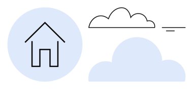 Bulut simgesi. Basit ev ve bulut hava, ev, bilgi depolama ve sürdürülebilirliği şekillendirir. Konseptler için bulut simgesi, depolama, uygulamalar, çevre dostu konutlar, mimari