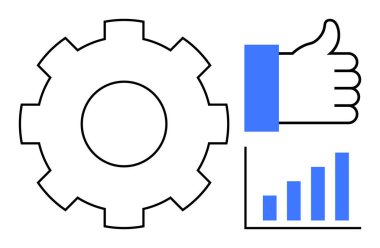 Üretkenlik kavramı. Dişliler, başparmaklar yukarı ve çubuk grafik simgeleri verimlilik, onay ve büyüme. Takım çalışmasında verimlilik, iş akışı, iş stratejisi teknolojisi ve performans