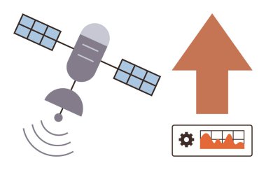 İletişim teknolojisi, veri analizi, sinyal işleme, uydu navigasyonu, uzaktan algılama, yenilik. Sinyal gönderen bir uydu ve yukarı doğru grafik eğilimi göstergesi. İletişim