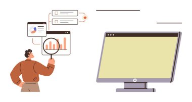 İş stratejisi, veri analizi, izleme performansı, raporlama, istatistik incelemesi, bilgi izleme. Bilgisayar ekranındaki grafiklerle çizelgeleri analiz eden kişi. İş stratejisi ve verileri