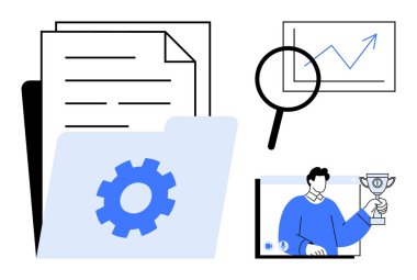 Dişli simgesi, dosya yığını, grafiğin üzerinde büyüteç ve ekranda kupa tutan kişi. Analiz, veri yönetimi, araştırma, başarı, iş anlayışı stratejisi için ideal