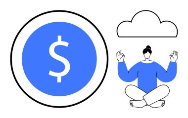 Finansal planlama, farkındalık, bulut hesaplama, kişisel büyüme, ekonomik istikrar, zihinsel sağlık. Bir dolar madeni para ikonunun yanında, bulutların altında meditasyon yapan biri. Mali planlama