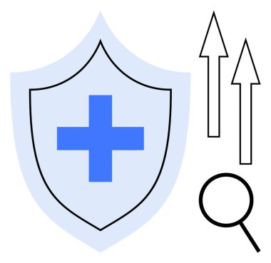 Kalkandaki mavi haç korumayı simgeliyor. Gelişmeyi ya da ilerlemeyi gösteren oklar. Araştırma ya da inceleme için büyüteç. Sağlık, güvenlik, büyüme, araştırma, analiz, yenilik için ideal