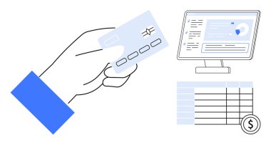 Çevrimiçi işlemler, dijital finans, e-ticaret yönetimi, kişisel bütçe, kurumsal muhasebe ve ödeme işlemleri. Kredi kartı, monitör ve hesap çizelgesi. Çevrimiçi işlemler