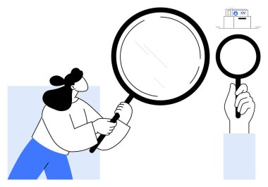 İş arama konsepti. Bir kadın CV 'yi büyüteçle, işe alma ve işe alma süreçleriyle inceliyor. İş aramasında HR için aday değerlendirmesi, kariyer, işe alım, işe alım ve başvurular yer alıyor