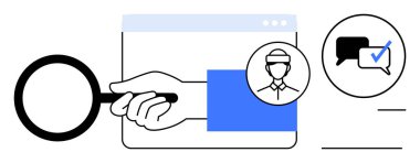 Tarayıcı penceresindeki kullanıcı profiline odaklanan büyüteç ve doğrulanmış sohbet baloncukları. Gizlilik, güvenlik, doğrulama, araştırma, arama, iletişim, analiz için ideal. Basit düz metafor
