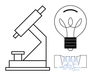 Eğitim, bilim, yenilik, araştırma, icat, teknoloji. Mikroskop, ampul ve detaylı lens diyagramı. Bilim ve yenilik araştırma ve icat fikirlerini vurguluyor