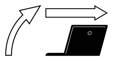 Veri transferi, dijital iş akışı, iletişim, teknoloji süreçleri, yön kavramları, iş akışı analizleri. Yön veri akışını gösteren oklu bir dizüstü bilgisayar. Dijital iş akışı
