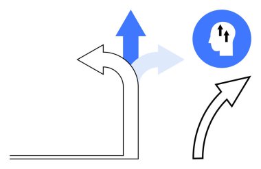 Karar verme süreci. Oklar ve baş silueti zorlukları, büyümeyi ve stratejik kararları vurguluyor. Karar verme süreci iş, kariyer gelişimi ve gelecek planlama açısından göze çarpıyor