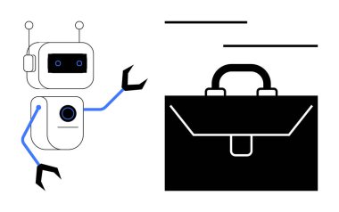 Teknoloji trendleri, iş otomasyonu, iş yerinde yapay zeka, robotik, iş gücü yeniliği, gelişim süreci. Evrak çantasının yanında mekanik kolları olan robot. İş otomasyonu ve yapay zeka