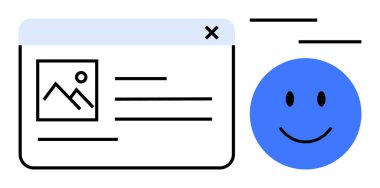 Kullanıcı arayüzü kavramı. Gülümseyen bir yüz tarafından yapılandırılmış tasarım ve dostane etkileşim kullanıcı arayüzü. Kullanıcı arayüzü kullanılabilirliği ve bağlantıyı destekliyor. Web siteleri, uygulamalar, UX, tasarım için