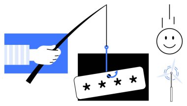 Phishing kavramı. Kancalı şifrelerin görüntüleriyle oynamak siber güvenlik riskleri. Phishing çevrimiçi mahremiyet ve veri güvenliği için büyük bir tehdit olmaya devam ediyor. Bilgi işlem, veri koruması, hackleme için kullan