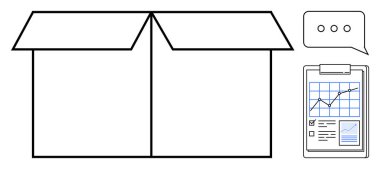 İş planlaması, lojistik, nakliye, iletişim, analitik, araştırma. Grafik ve konuşma baloncuğu olan bir panonun yanındaki karton kutuyu aç. İş planlaması ve lojistik konsepti