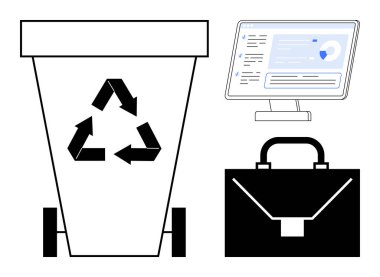 Çevresel farkındalık, ofis sürdürülebilirliği, atık yönetimi, dijital çalışma, çevre dostu alışkanlıklar, kurumsal sorumluluk. Çöp tenekesinde geri dönüşüm sembolü, evrak çantası. Çevresel