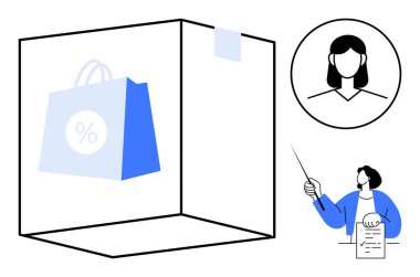 Şeffaf bir kutunun içindeki indirimleri gösteren mavi alışveriş torbası, bir satış raporu ve bir kadın profil ikonu sunan kişi. Perakende satış, indirimli tanıtım ve pazarlama için ideal